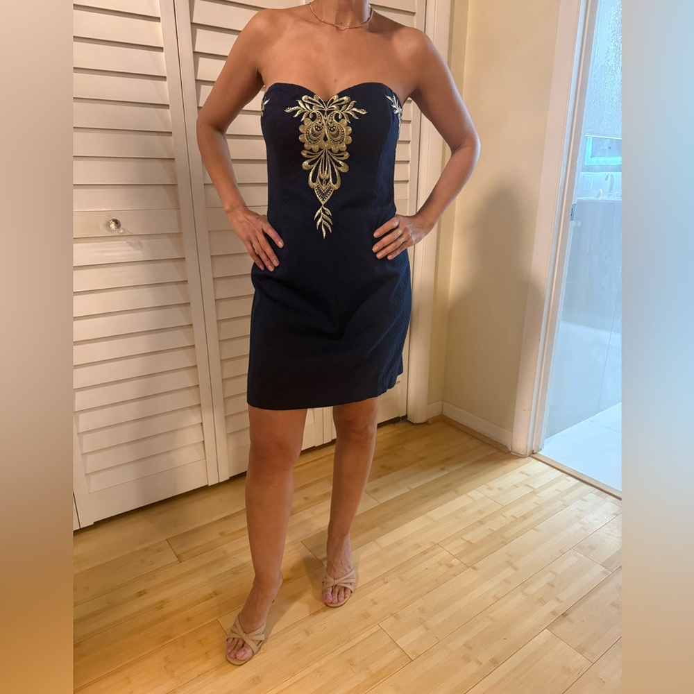 Lilly Pulitzer Strapless Dress in Navy with Gold Accents